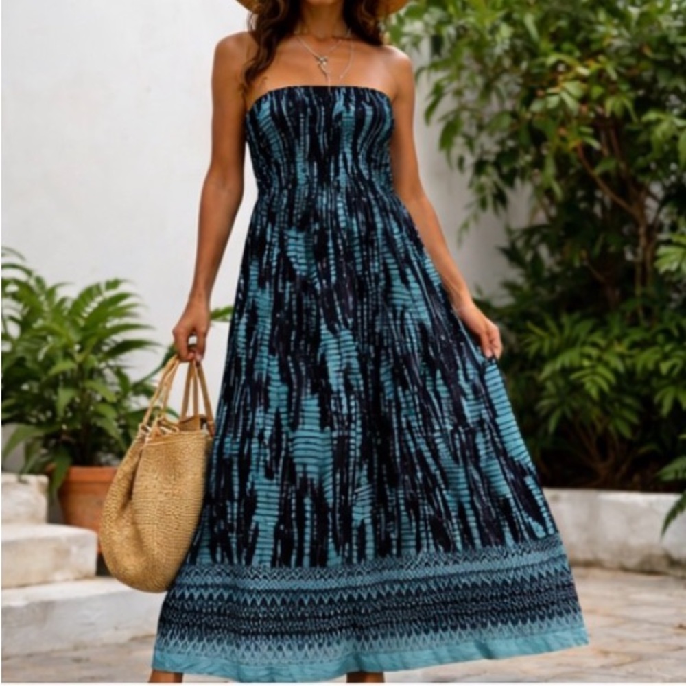 Hand Dyed Maxi Dress Gypsy Blue Medium Boho Silk Feel Elastic Top